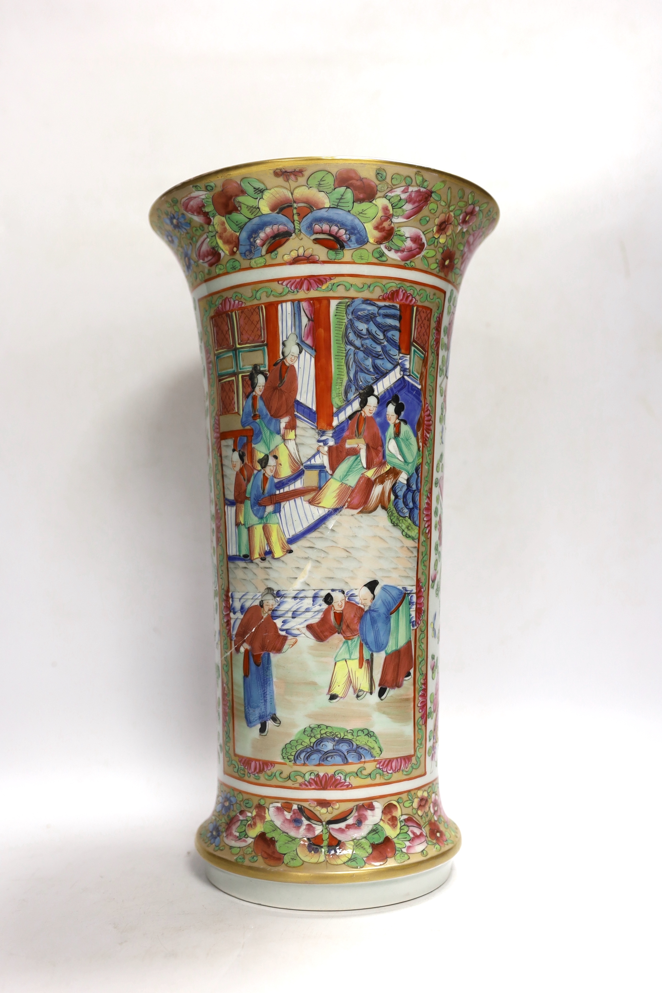 A Chinese Canton decorated famille rose trumpet vase, 33cm high (a.f.)